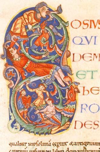 Illuminated initial with decoration incorporating a dragon, a man ...