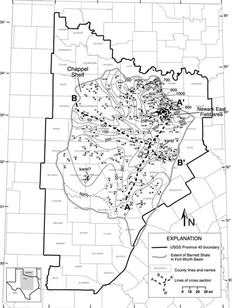 Map showing regional extent of Barnett Shale, thickness of Barnett ...