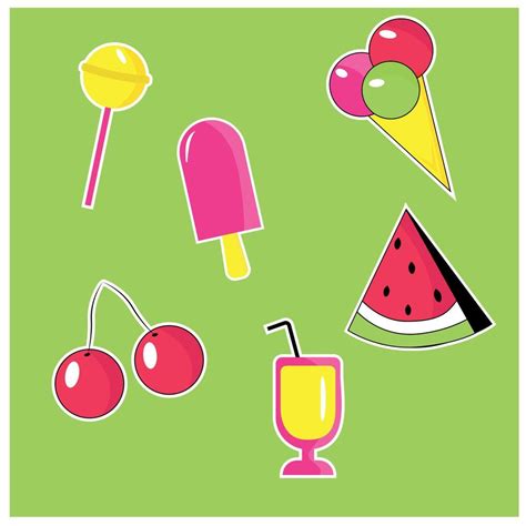 Pop art stickers. Food Set. Ice cream, watermelon, fruit, lollipop ...