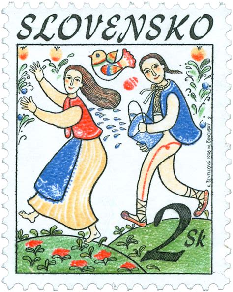 Slovak stamp depicting spring tradition of "sprinkling the girls ...