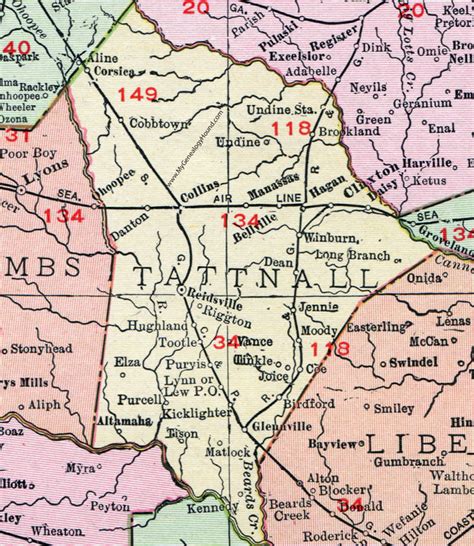 Tattnall County, Georgia, 1911, Map, Reidsville, Claxton, Glennville, Collins, Hagan