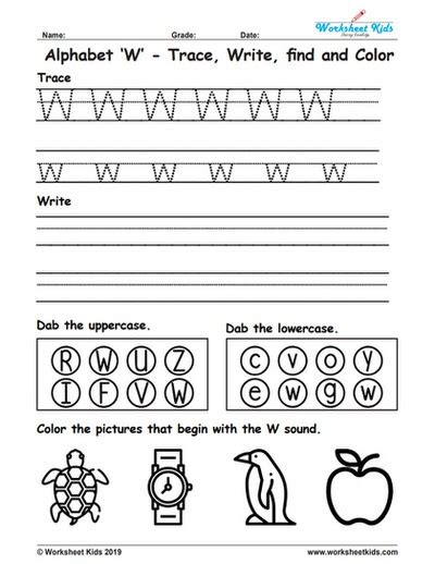 Alphabet Letter W Trace Write Find Color - Free printable PDF