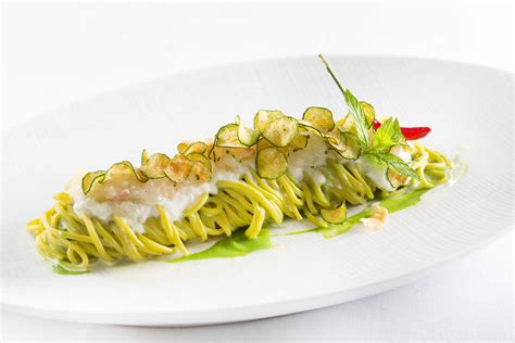 Tagliolini pasta scapece style, with zucchini, scampi tartare and burrata cheese