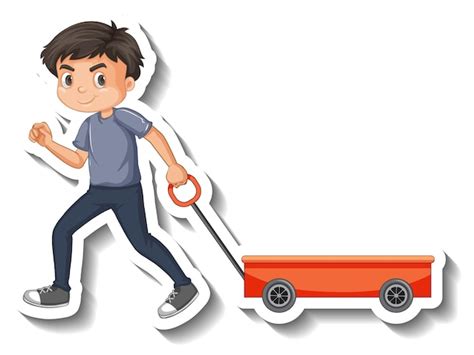 Free Vector | Boy pulling wagon cartoon character sticker