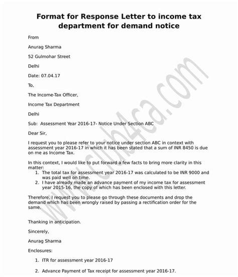 Letter Format to Income Tax Department for Demand Notice