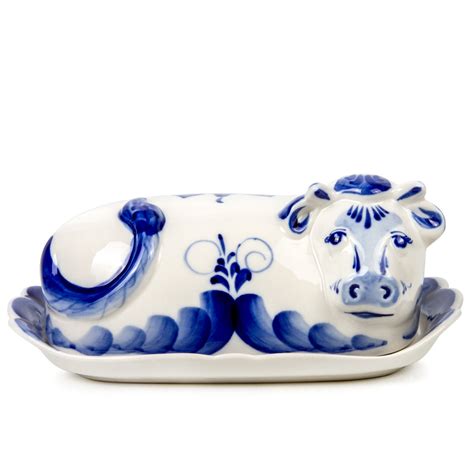 Cow Butter Dish Blue & White Porcelain. Gzhel | Product sku J-182445