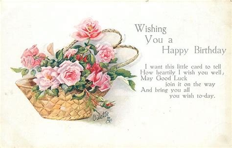 WISHING YOU A HAPPY BIRTHDAY basket of pink roses - TuckDB Postcards