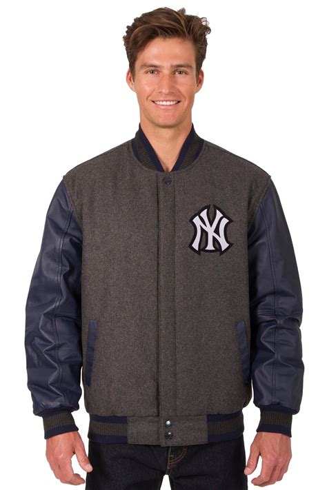 New York Yankees Wool & Leather Reversible Jacket w/ Embroidered Logos ...