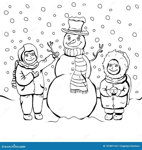 Children Make Snowman, Coloring, Cartoon Linear Outline Drawing, Vector ...