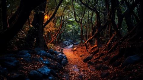 Premium AI Image | A path through the forest at night