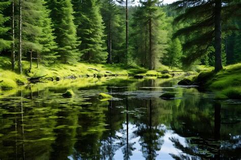 Premium Photo | Photo of Reflection of trees in a calm forest pond