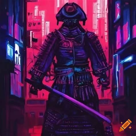 Cyberpunk futurist samurai painting in a futuristic city