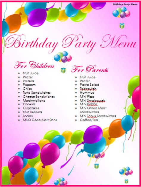 Birthday Party Menu Template