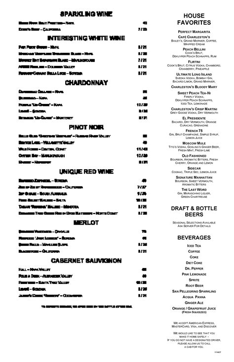 Menu at Charleston's Restaurant, Tulsa, S Yale Ave