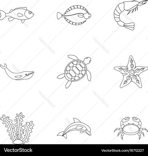 Sea animals icons set outline style Royalty Free Vector