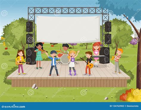 Band with Cartoon Children Playing Music on Stage in the Park Stock Vector - Illustration of ...