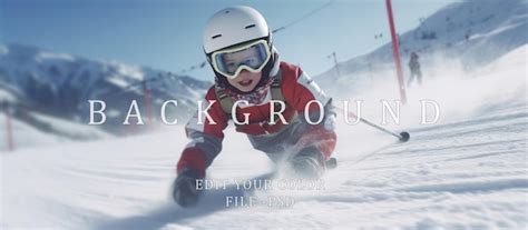 Premium PSD | Little boy skiing on icy mountain slopes