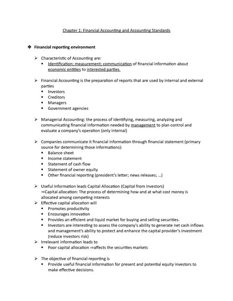 Chapter 1 Notes - Chapter 1: Financial Accounting and Accounting Standards Financial reporting ...