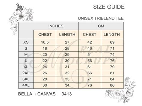 Bella Canvas 3413 Size Chart Unisex Triblend Tee Size Chart | Etsy