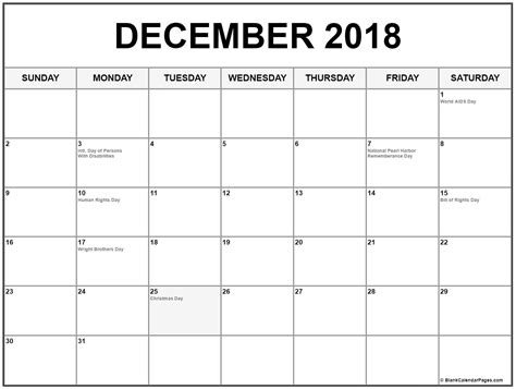 Collection of December 2018 calendars with holidays