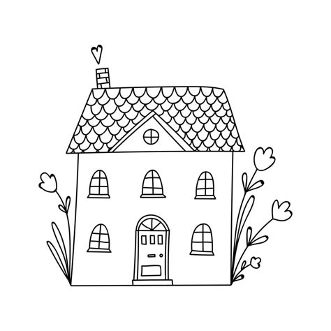 Small cute black and white doodle house with floral elements. Coloring ...