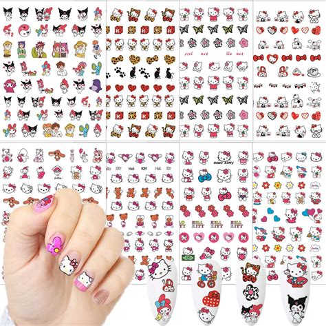 Amazon.com: Hello Kitty Nail Art Stickers- 8 Sheets Kawaii Cartoon Nail Stickers 3D Self ...