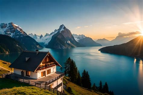 Premium Photo | A cabin sits on a mountain lake at sunset.