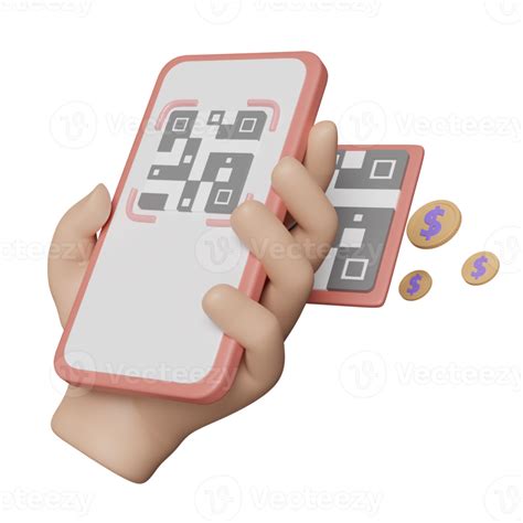 3d hand holding mobile phone, smartphone with qr code scanner, coins isolated. cashless payment ...