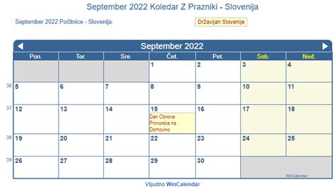 September 2022 Koledar Slovenija za tisk