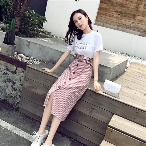 Korean style fashion cute girls summer wear fake two piece clothes letters print red yellow ...