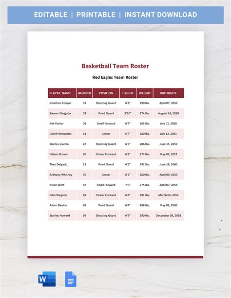 Basketball Team Roster Template