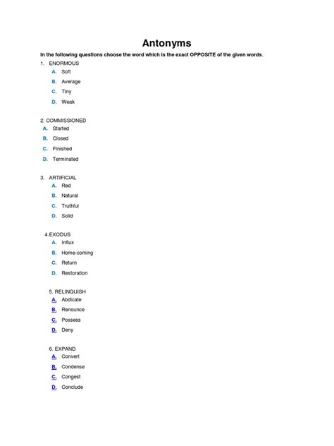 Antonyms: A. B. C. D | PDF | Semantics | Semiotics