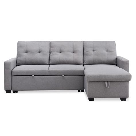 Grey Mid-Century Pull-out Sleeper Sectional Sofa with Reversible Storage Chaise, 82" x 60" x 35 ...