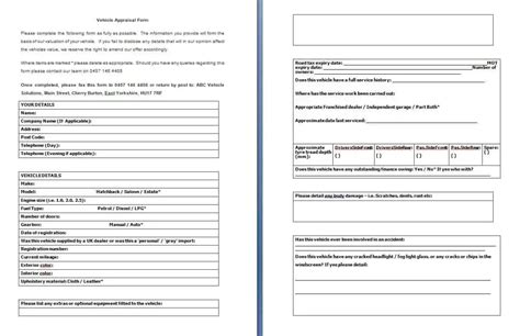 Vehicle Appraisal Form – Sample Templates