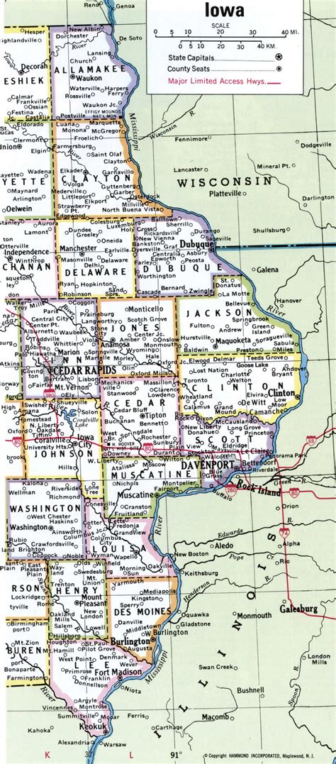 Free map of Iowa showing county with cities and road highways