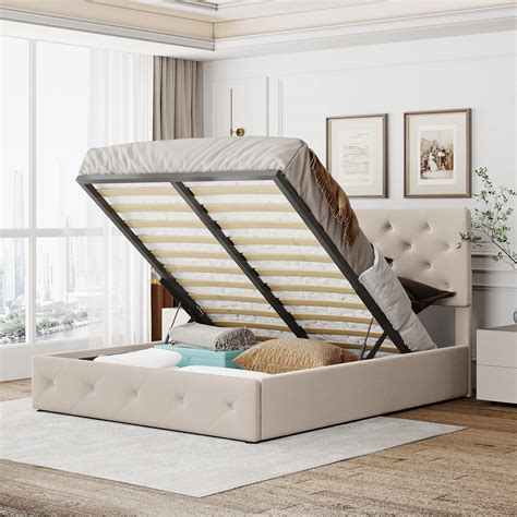 Lucia-Fabric (Beige Hydraulic Lift Up Storage Bed | lupon.gov.ph