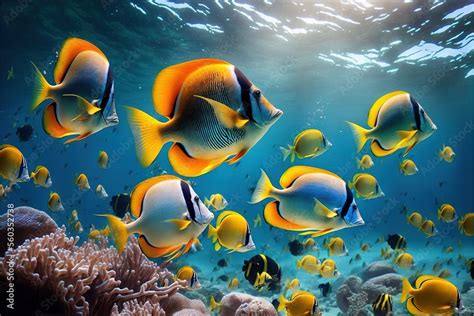 a group of fish swimming in the ocean near a coral reef with a sun ...