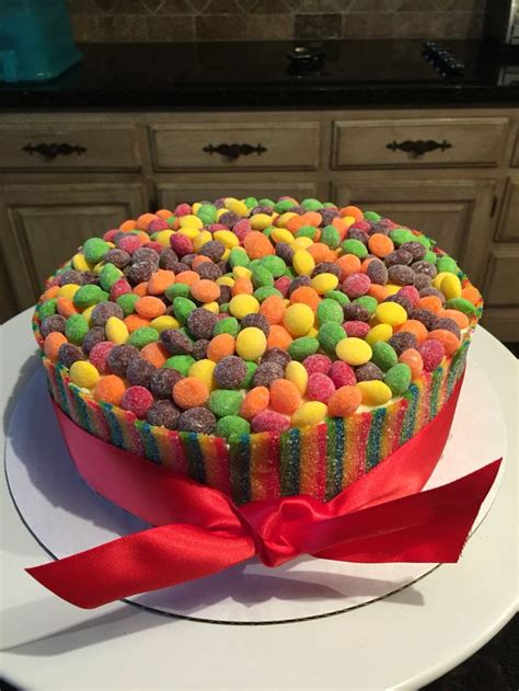 Sour skittles cake. With extreme airheads as boarder. Easy and fun , kids loved jt. | Things I ...