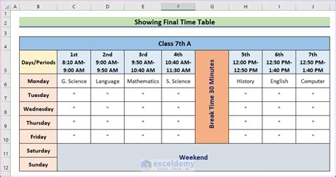 How to Make a School Time Table in Excel (with Easy Steps)