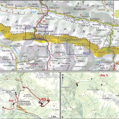 -Itinerary of the field trip. a) Road map of the Carnic Alps with ...