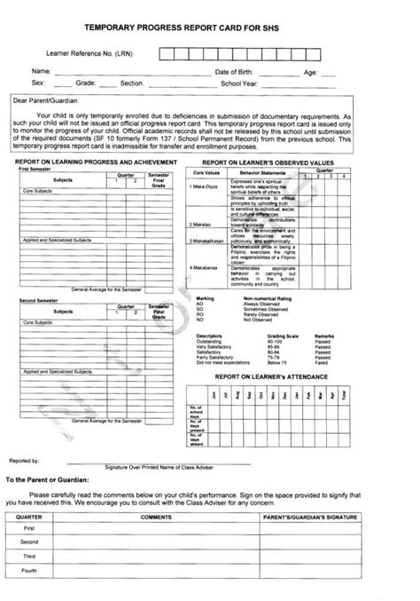 Temporary Progress Report Card for Senior High School (SHS) - TeacherPH