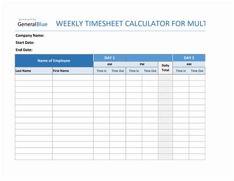 Weekly Timesheet Calculator For Multiple Employees in Excel