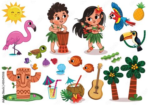 Hawaiian Clipart Set. Hawaii hula dancers, tropical animals and beach related items for summer ...