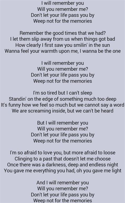 Sarah Mclachlan . I Will Remember You | Songs with meaning, I will remember you, Song lyric quotes