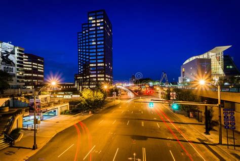 Pearl Street and Modern Buildings at Night in Downtown Hartford, Connecticut. Editorial ...