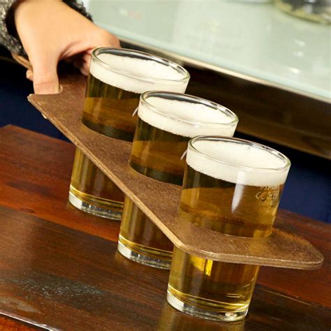 Wooden Beer Flight with 3 x LCE Beer Glasses - drinkstuff