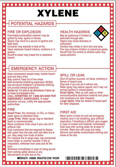 BRADY Chemical Sign: Xylene Potential Hazards, Fiberglass, 10 in Ht, 7 ...