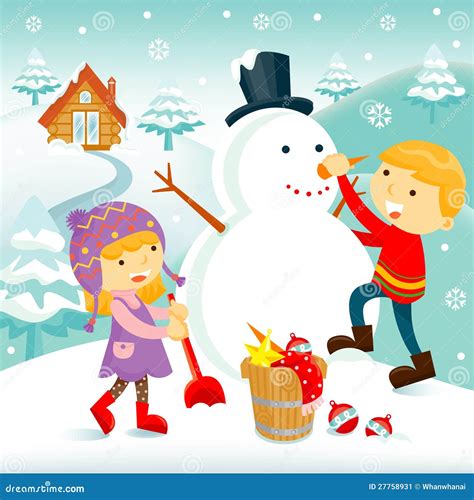 Children Building Snowman. Cartoon Vector | CartoonDealer.com #80551491