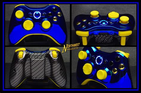 Xbox360 Carbon Fiber Modded Chrome Blue & Yellow Wireless Controller ...