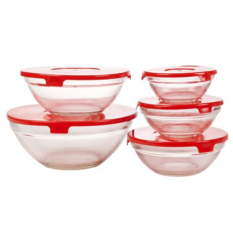 Set Of Five Glass Storage Serving Mixing Bowls Containers With Plastic ...